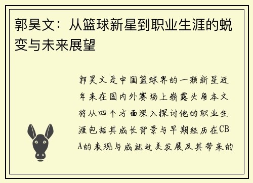 郭昊文：从篮球新星到职业生涯的蜕变与未来展望